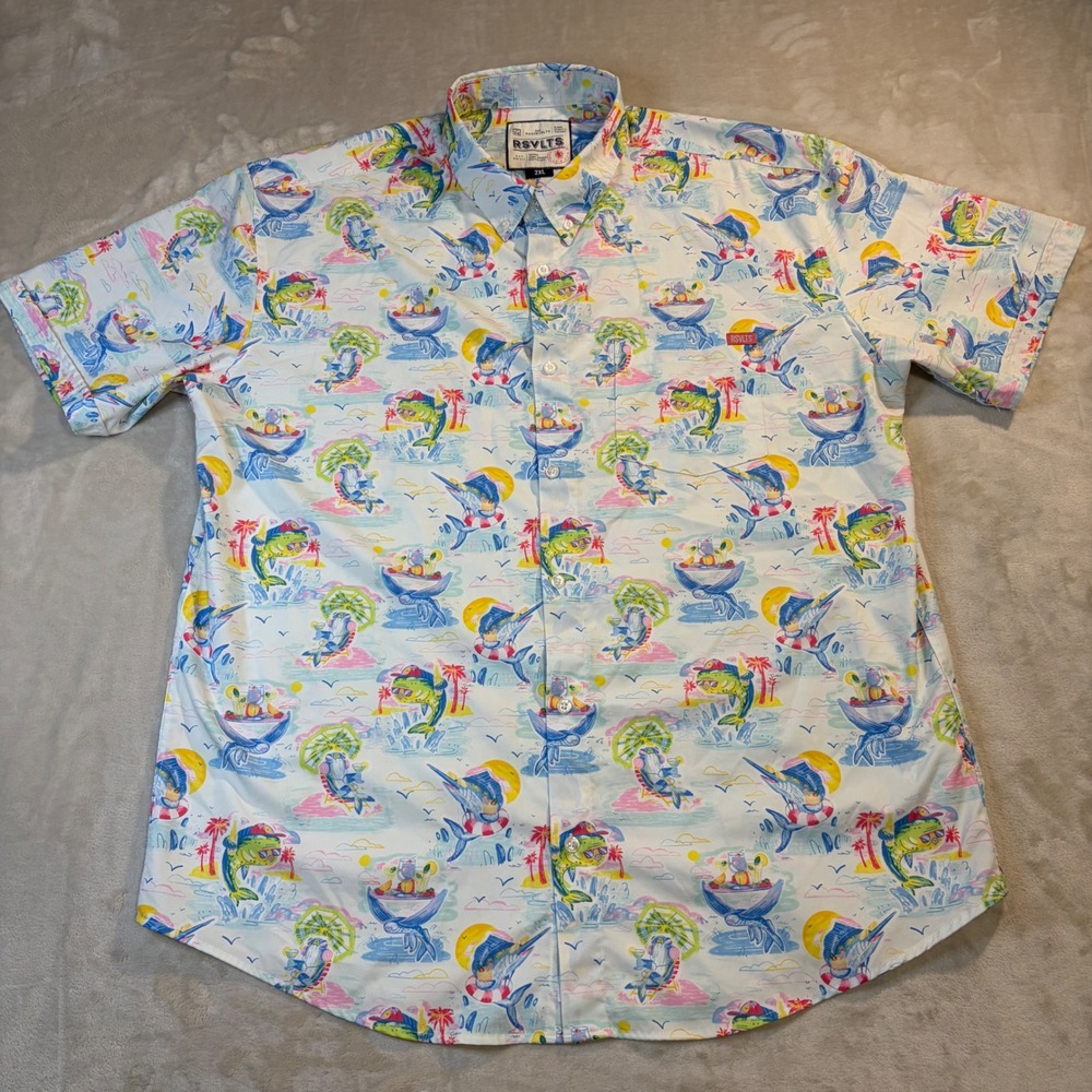 RSVLTS DRINKING LIKE FISH KUNUFLEX Short Sleeve Button Shirt White 2XL